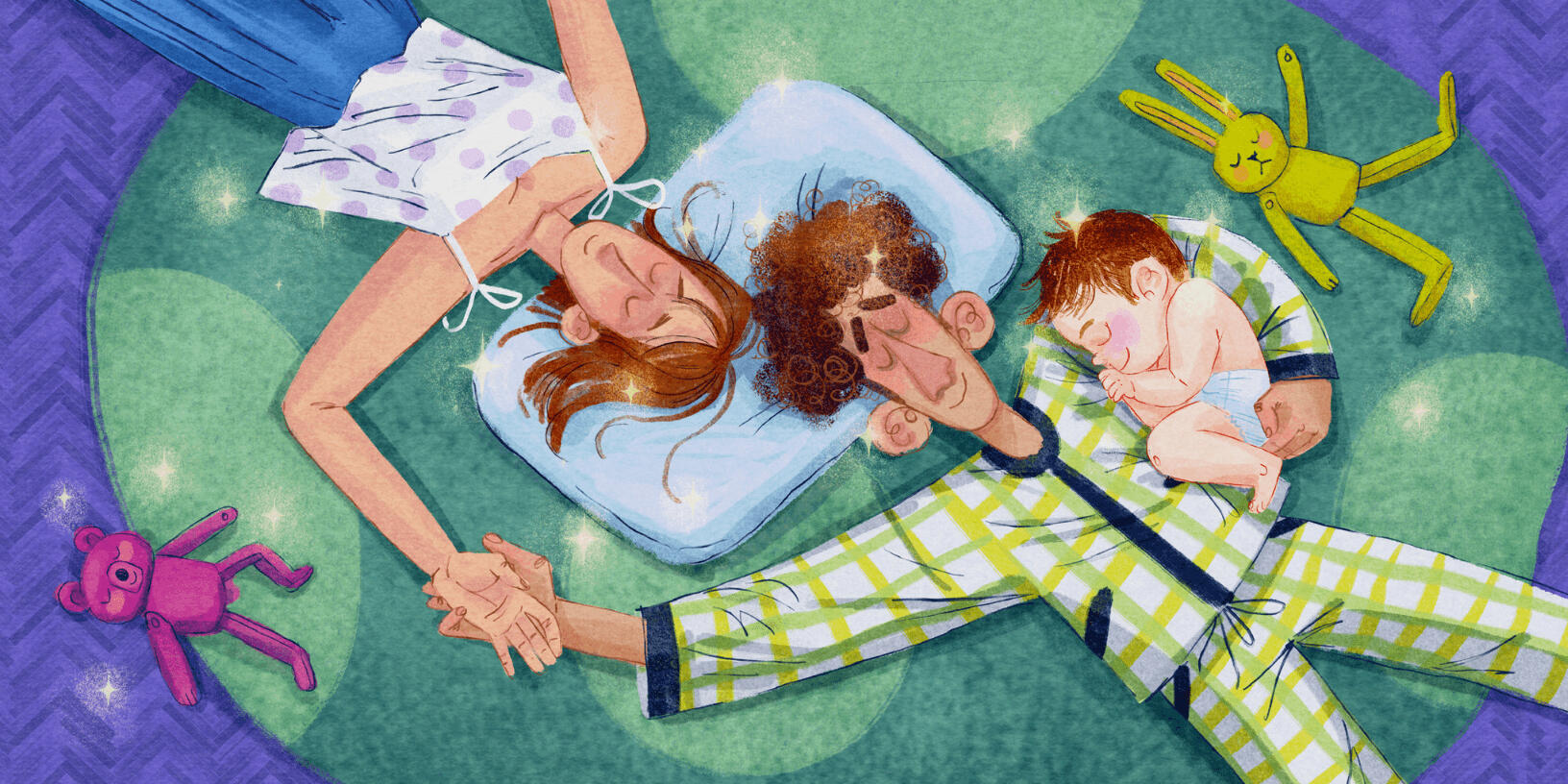 Fullspread illustration of Jordan Nisbet's children's book, Déjà Pu, with the family of three sleeping together on the carpet.